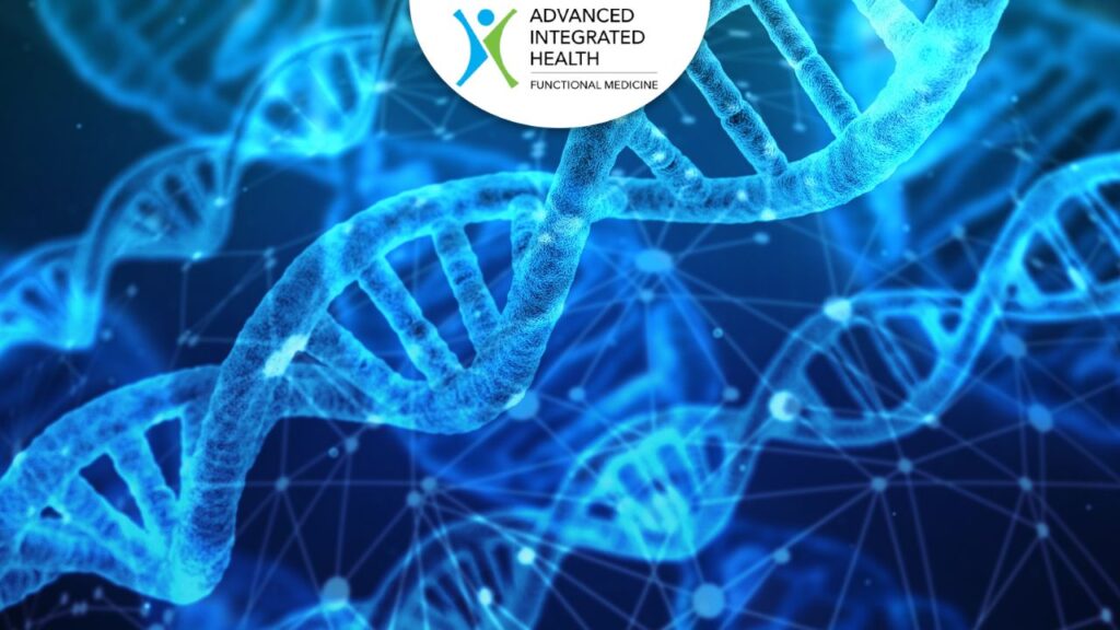 Blue DNA double helix strands with a medical logo reading "Advanced Integrated Health Functional Medicine" at the top.

